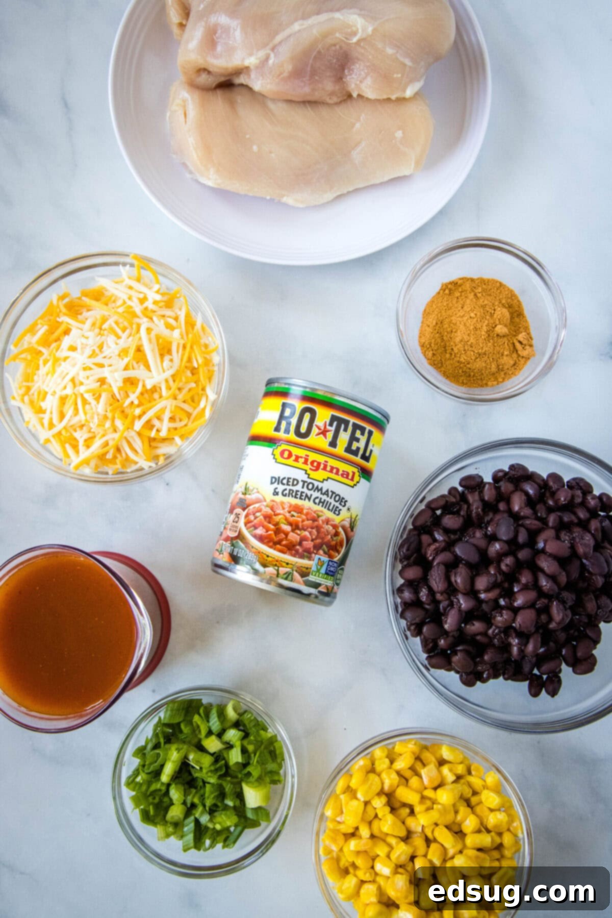 Easy slow cooker Santa Fe chicken is full of tender meat, savory beans, spicy sauce, fresh veggies, and melted cheese, simplifying dinner prep.  Overhead view of the ingredients needed for crock pot Santa Fe chicken: a plate of boneless, skinless chicken breasts, a bowl of shredded Mexican cheese blend, a bowl of rinsed black beans, a can of diced tomatoes with green chilies, a bowl of taco seasoning, a jar of red enchilada sauce, a bowl of corn kernels, and a bowl of sliced green onions, arranged neatly.