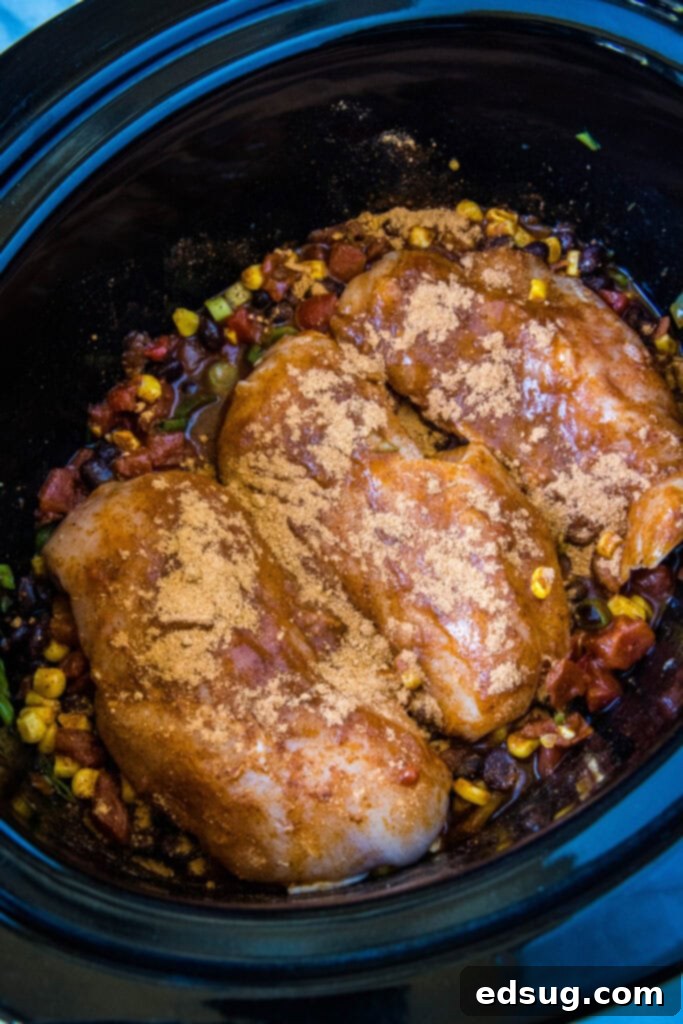 Easy slow cooker Santa Fe chicken is full of tender meat, savory beans, spicy sauce, fresh veggies, and melted cheese, making meal prep a breeze.  Seasoned chicken breasts placed on top of a colorful bed of veggies and beans in a crock pot, ready for cooking.
