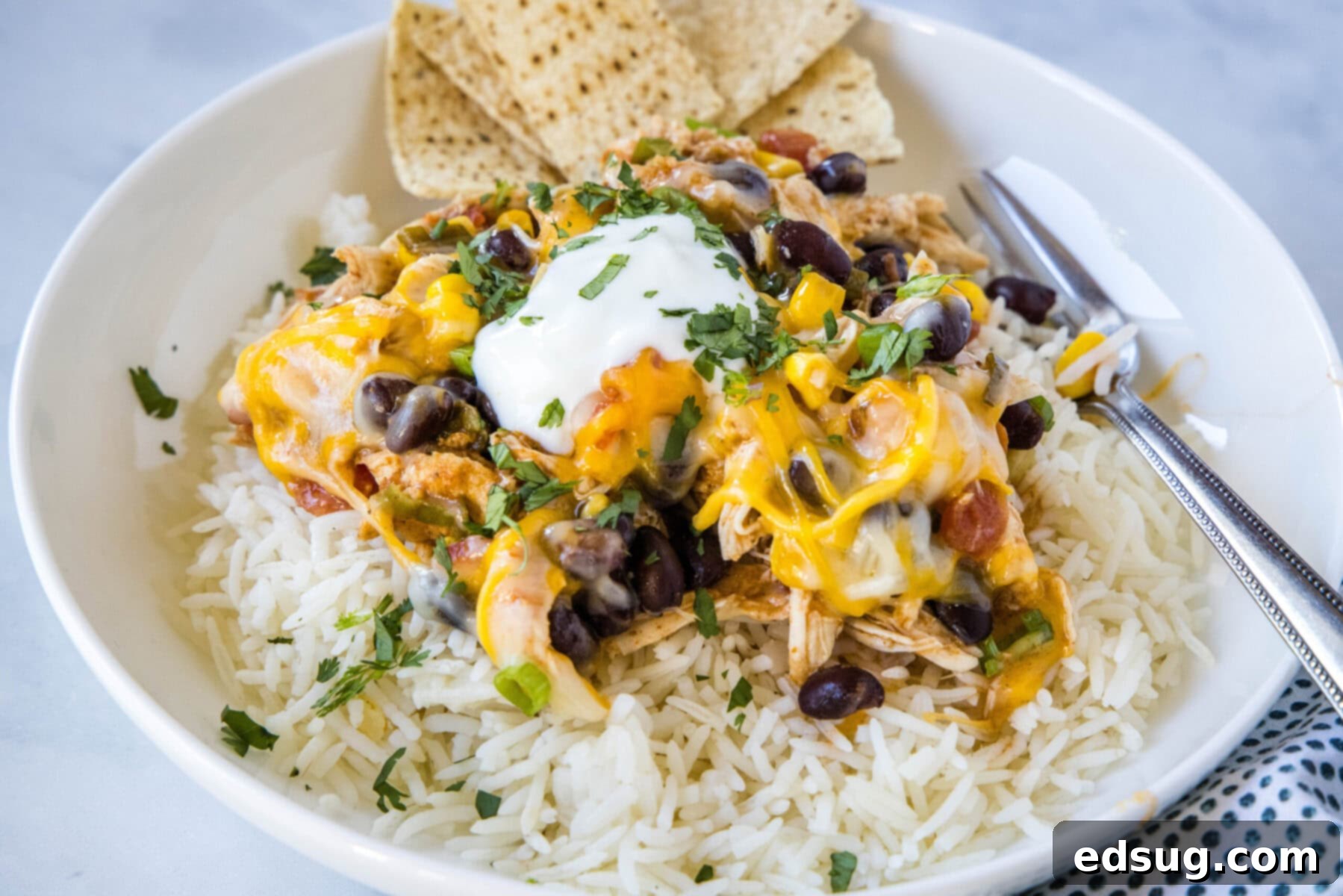Easy slow cooker Santa Fe chicken is full of tender meat, savory beans, spicy sauce, fresh veggies, and melted cheese, making dinner simple and delicious.  A bowl of rice, southwest chicken, sour cream, green onions, tortilla chips, and a fork, illustrating a complete and delicious meal.