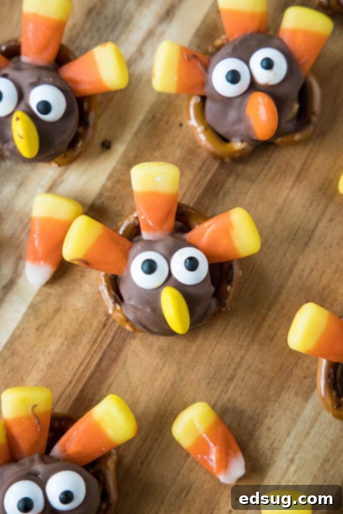 looking down on turkey pretzels on a board
