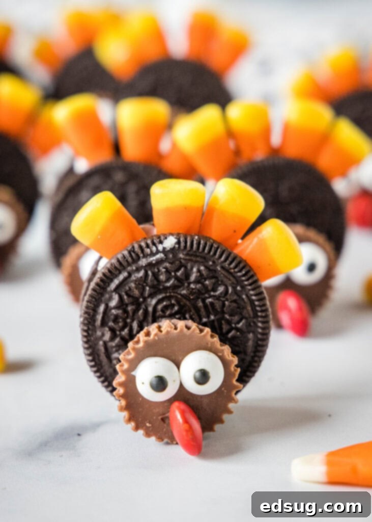 Thanksgiving Oreo Turkey Treats 2 An adorable Oreo turkey cookie standing upright on a kitchen counter, showcasing its colorful candy corn feathers and chocolate face, ready for Thanksgiving celebrations.