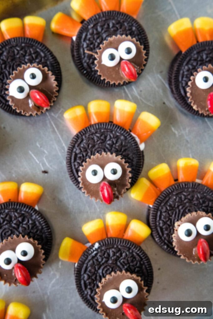 Thanksgiving Oreo Turkey Treats 5 A completed Oreo turkey cookie, viewed from the side, showcasing its delightful details and ready for holiday feasting.
