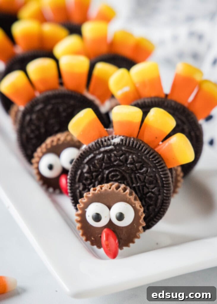 Thanksgiving Oreo Turkey Treats 7 A collection of finished Oreo turkey cookies arranged neatly on a white serving tray, highlighting their festive appearance against a clean background.