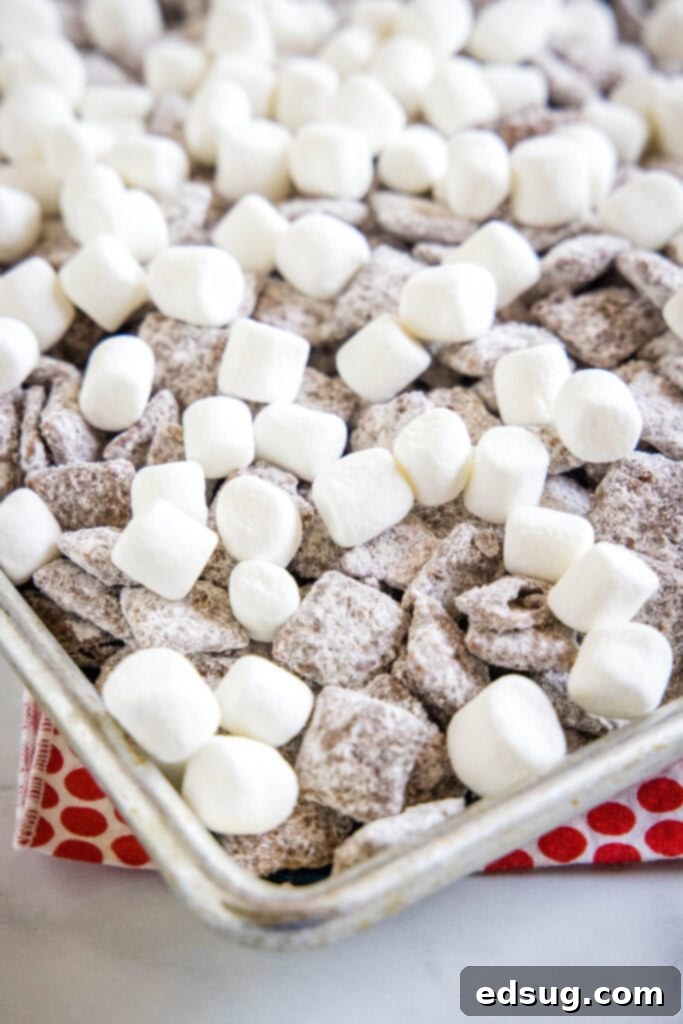 Cozy Cocoa Muddy Buddies 4 Hot chocolate muddy buddies cooling on a baking tray lined with parchment paper