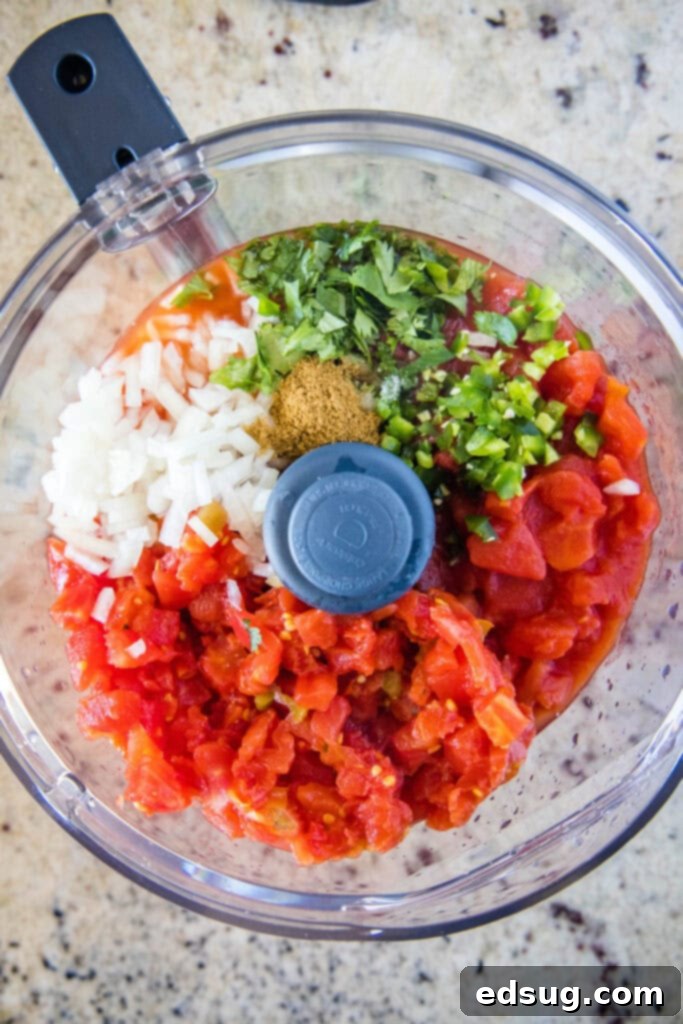 Signature Restaurant Salsa 3 salsa ingredients in food processor