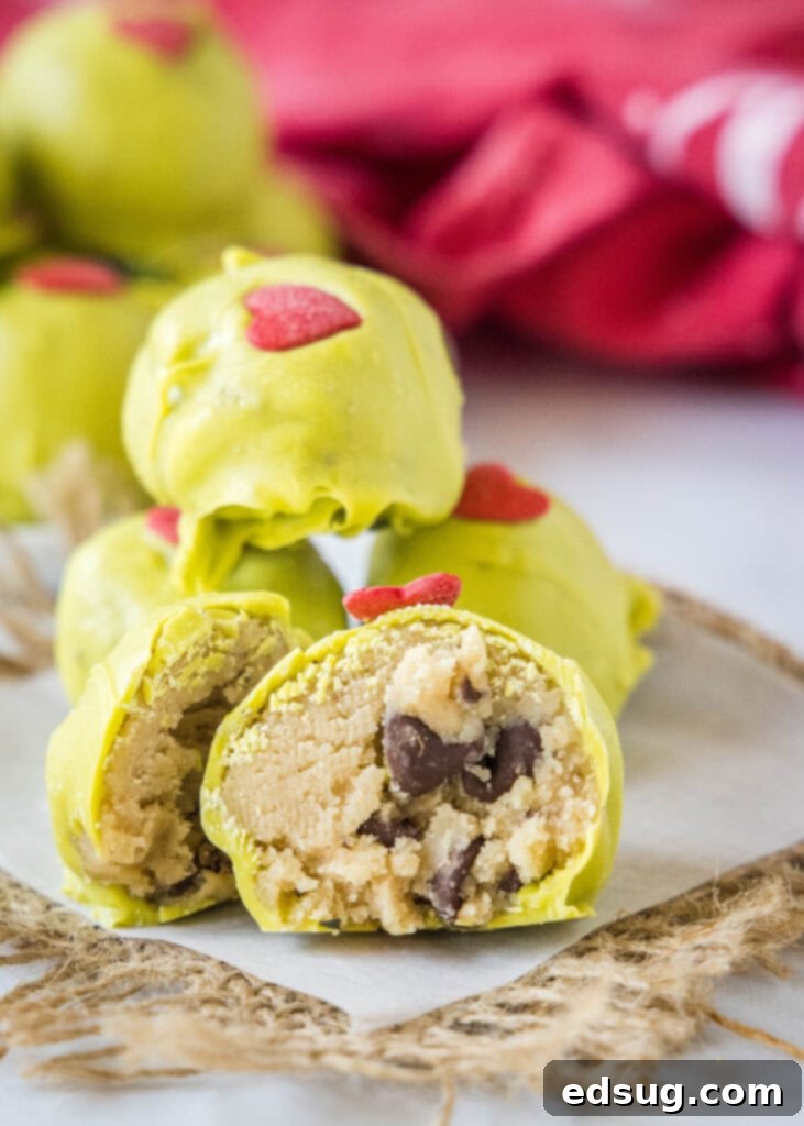 Grinch's Heart Melters 6 cookie dough truffles turned into grinch truffles