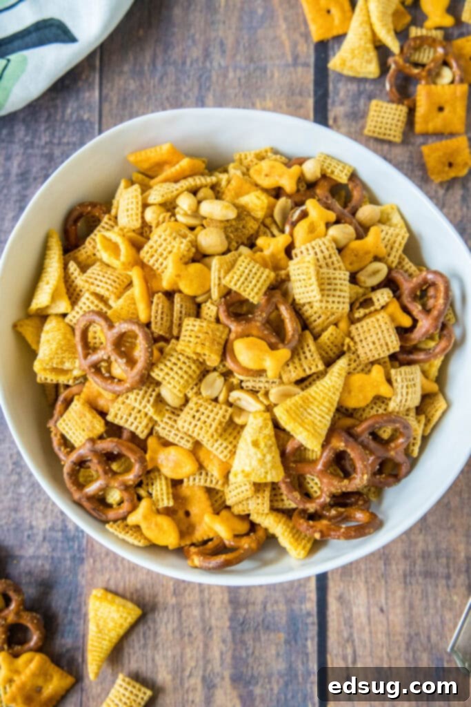 white bowl with cheddar chex mix
