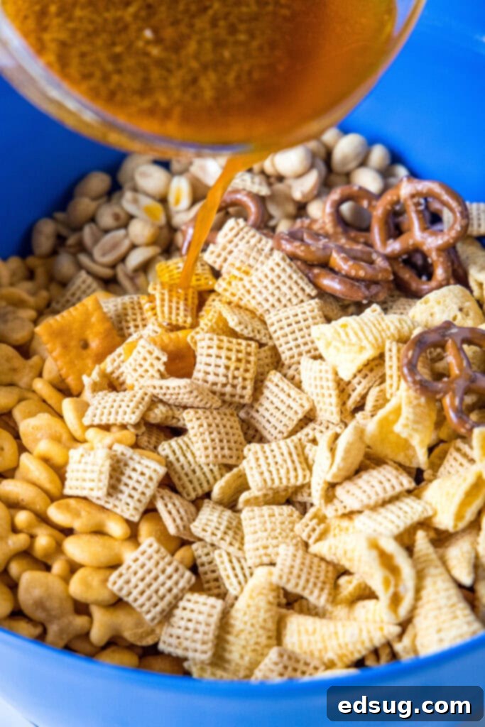 pouring butter mixture over cereal