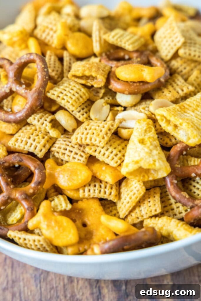 close up bowl of cheddar chex mix