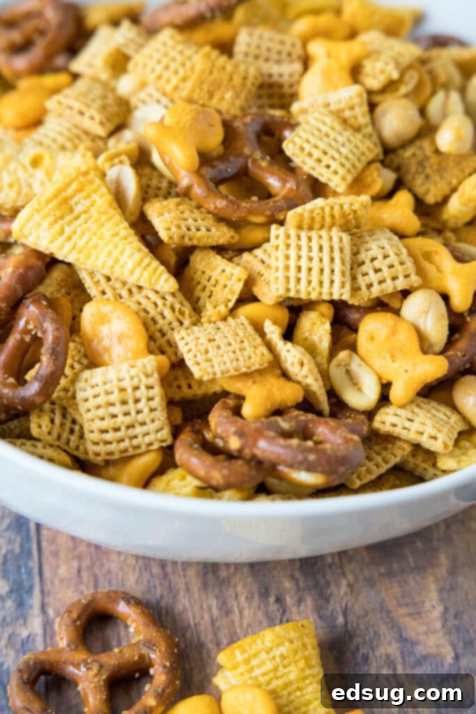 white bowl with cheddar snack mix