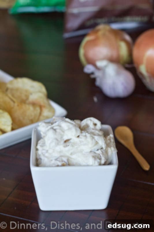 Roasted Garlic & Caramelized Onion Dip Ingredients Ingredients for Roasted Garlic & Caramelized Onion Dip laid out on a table, including creamy base components and cooked onions.