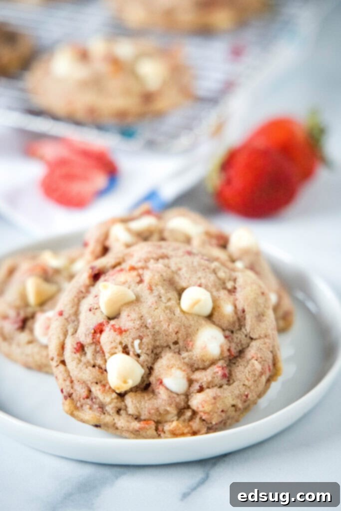 Luscious Strawberry Cookies 6 strawberry cookies on a white plate