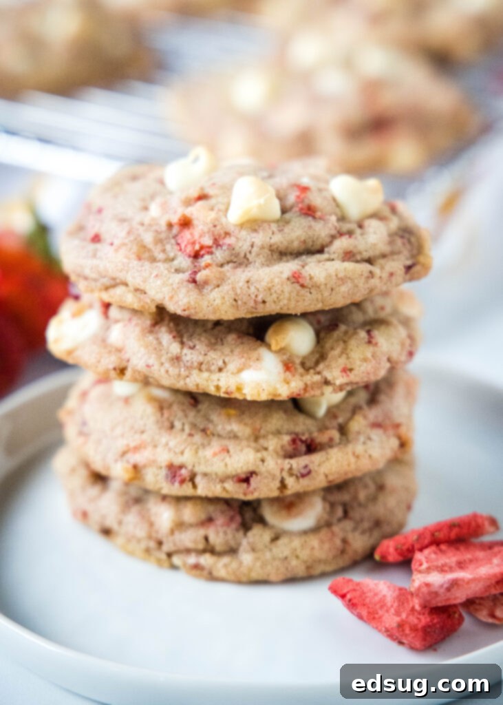 Luscious Strawberry Cookies 7 strawberry white chocolate cookies stacked on a white plate