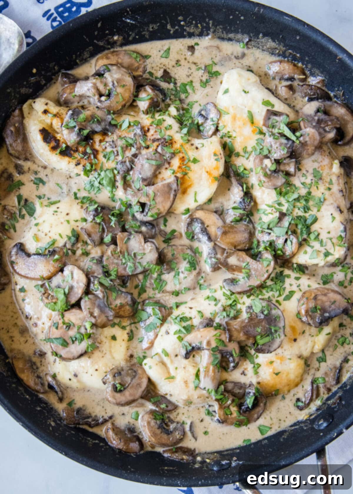Easy and comforting chicken with mushroom sauce has juicy and tender meat smothered in a rich, herbaceous, and garlicky mushroom cream sauce. Overhead view of a skillet filled with chicken breasts, mushrooms, and a cream sauce