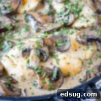 Savory Mushroom Chicken 2 Close up of mushroom cream sauce covering chicken breasts