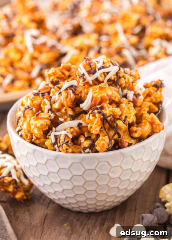 zebra caramel corn in a white bowl