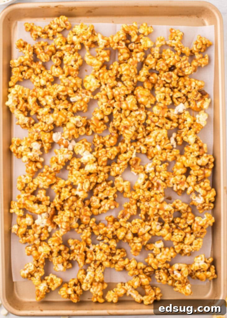 caramel corn on a baking tray