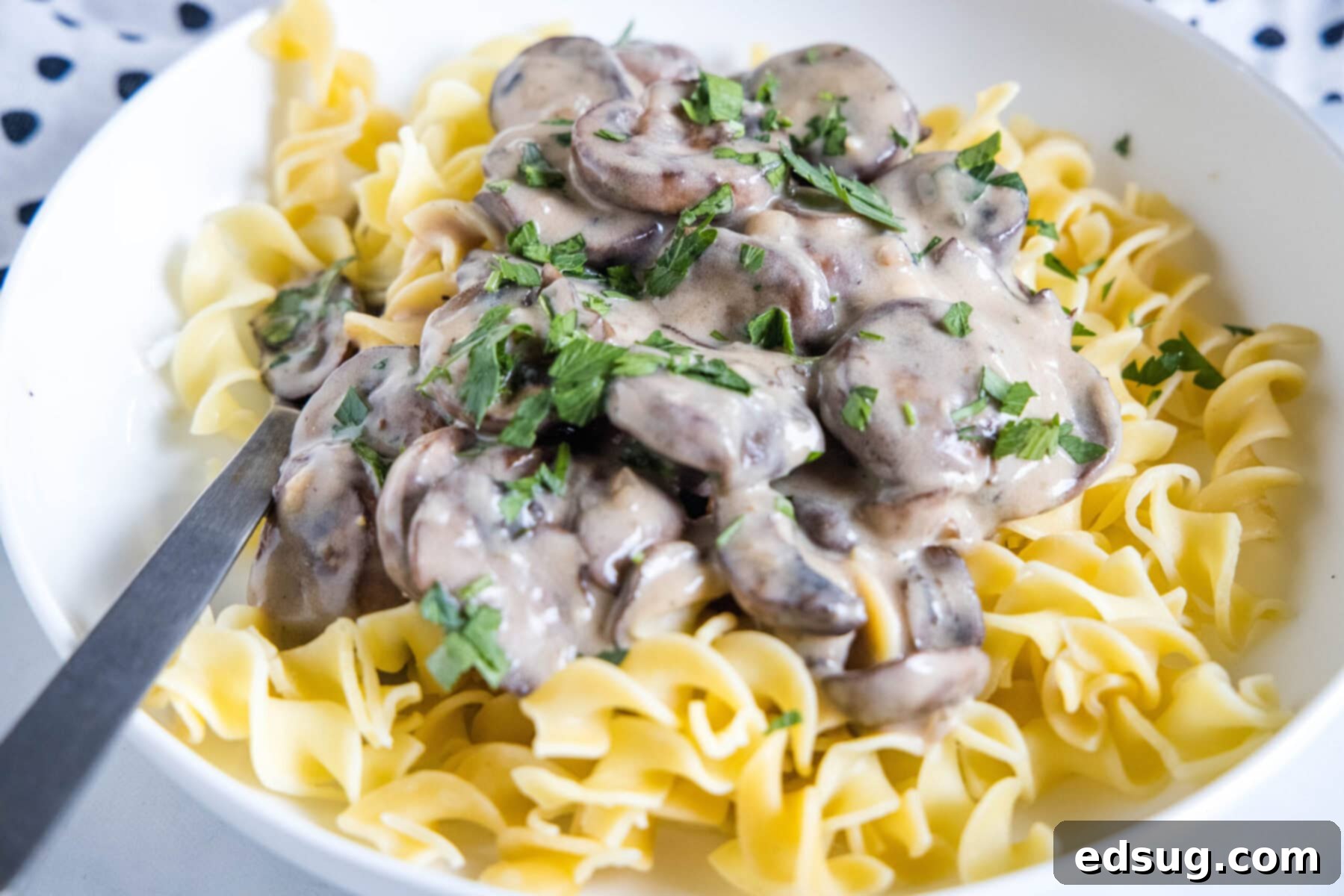 Easy and comforting mushroom stroganoff is loaded with a creamy garlic sauce full of hearty mushrooms, and served over buttery noodles. A beautifully plated bowl of egg noodles generously topped with creamy mushroom stroganoff, with a fork ready to dig in.