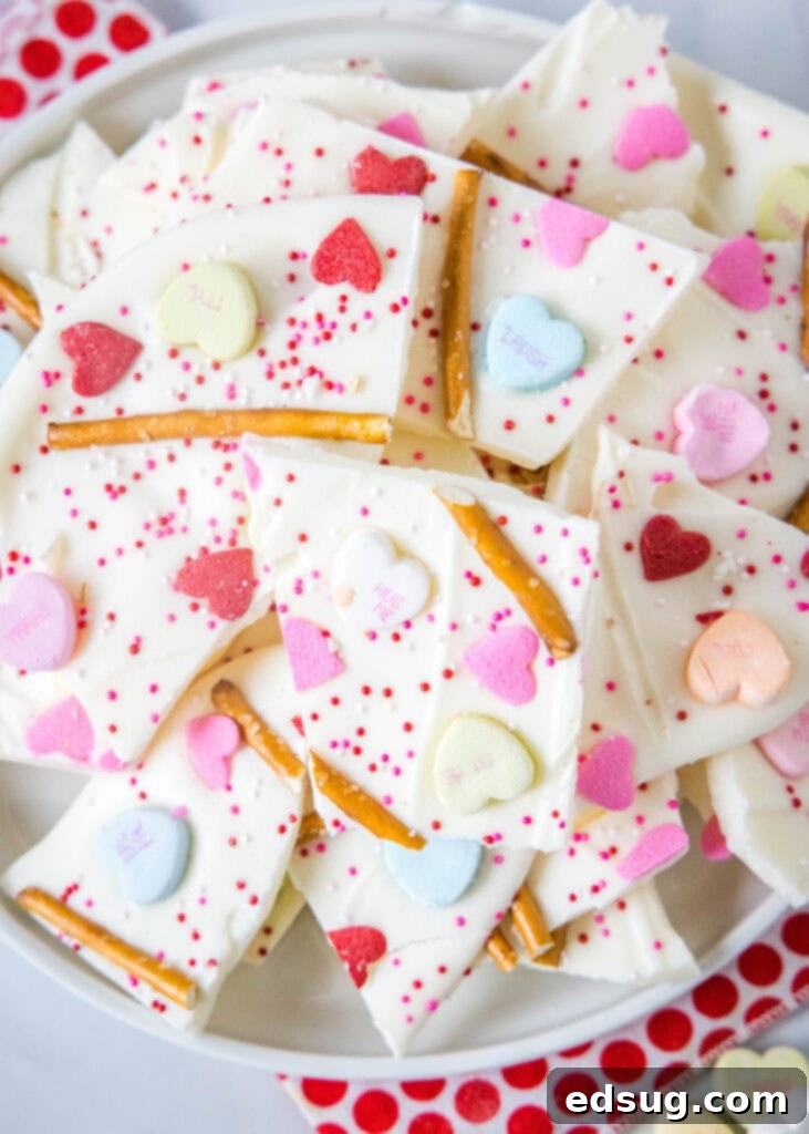 looking down on a plate of white chocolate valentine's day bark