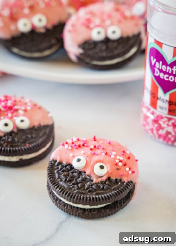 A close-up of several Valentine's Day decorated Oreo cookies, highlighting the sprinkle details and candy eyes.