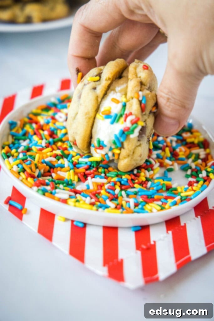 Rolling a chipwich through colorful sprinkles for coating