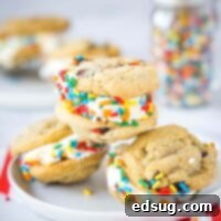 Close up view of a homemade chocolate chip cookie ice cream sandwich on a plate