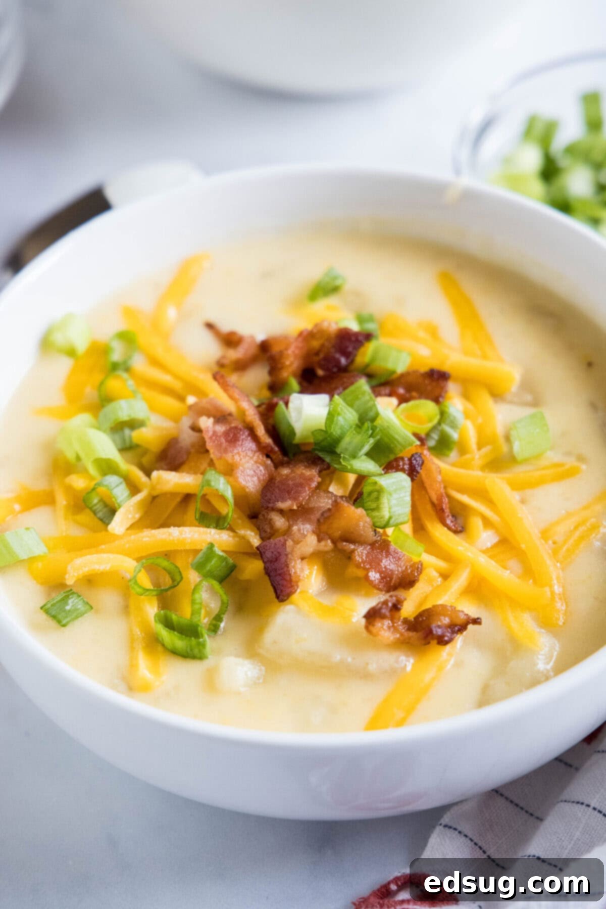 With a creamy broth, hearty chunks of potatoes, gooey cheese, and crispy bacon, this Instant Pot potato soup is the ultimate comfort meal. Close up of a bowl of potato soup with cheese, bacon, and green onions on top.