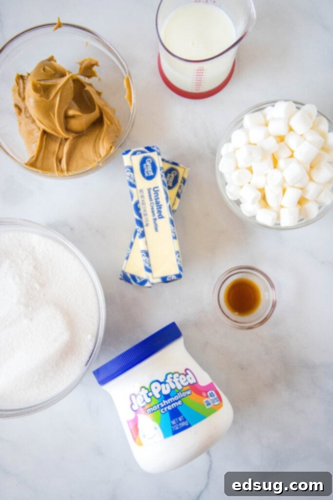 Peanut Butter Marshmallow Fudge 3 Essential ingredients for crafting delicious peanut butter marshmallow fudge, neatly arranged for preparation.