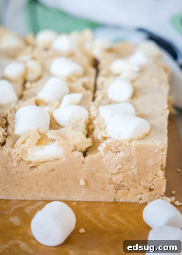 Peanut Butter Marshmallow Fudge 5 Individual squares of peanut butter marshmallow fudge arranged appealingly on a wooden cutting board.