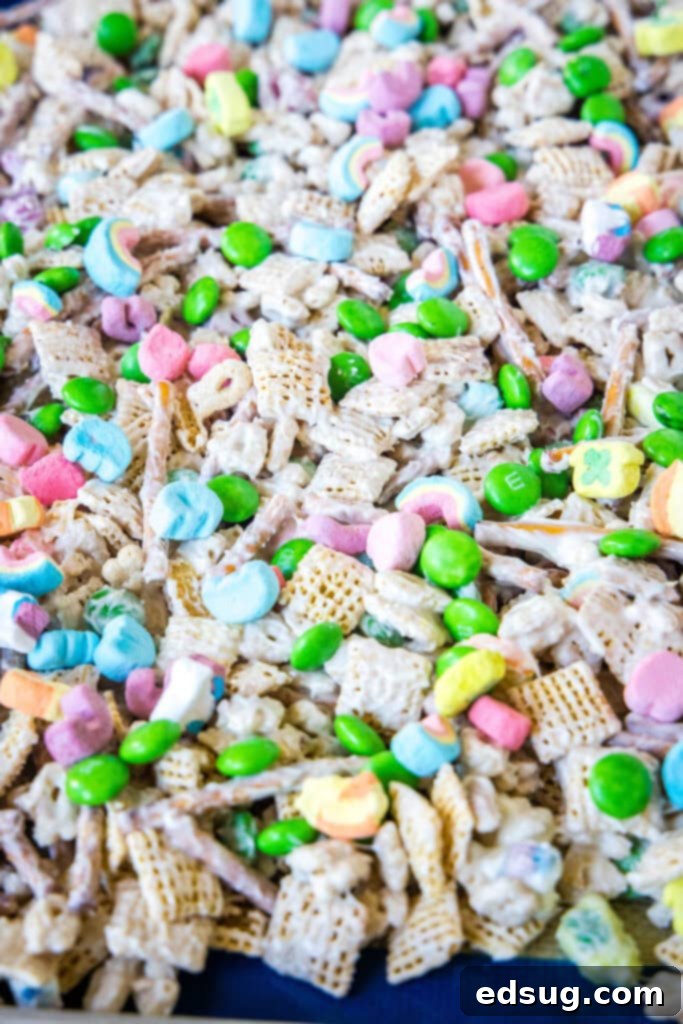 leprechaun bait setting up on a baking tray, a fun St. Patrick's Day snack mix