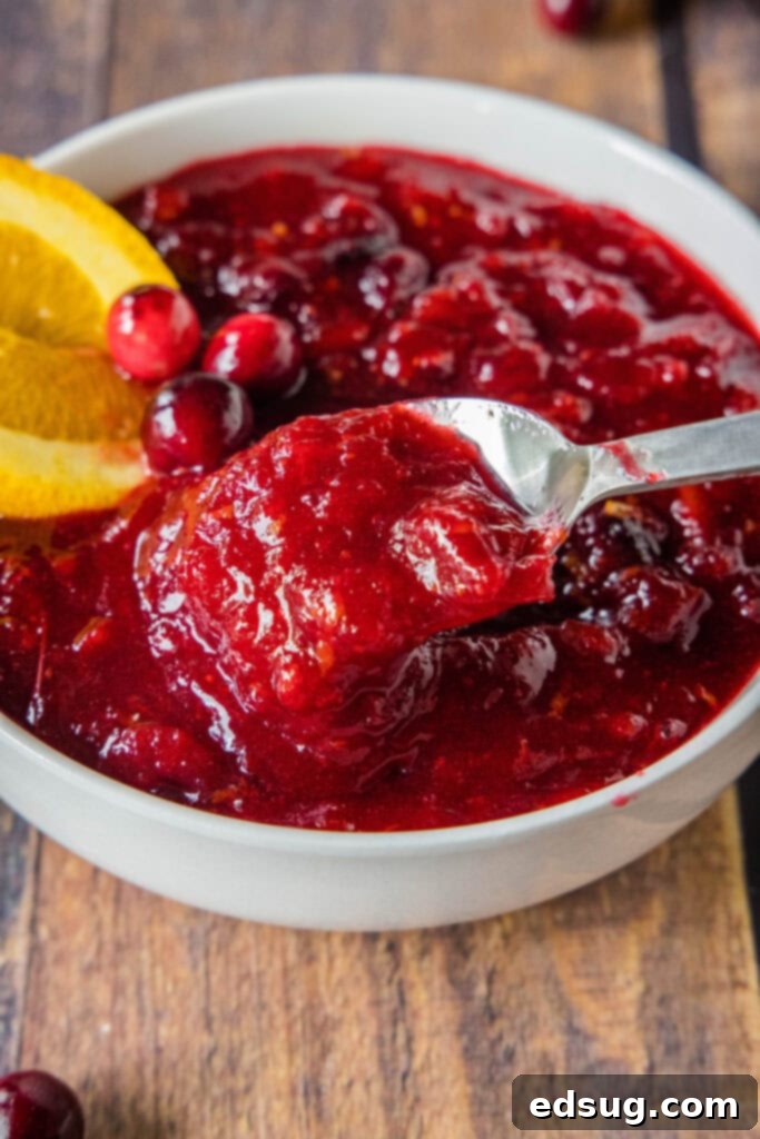 Quick Cranberry Compote 2 spooning homemade cranberry sauce out of a bowl
