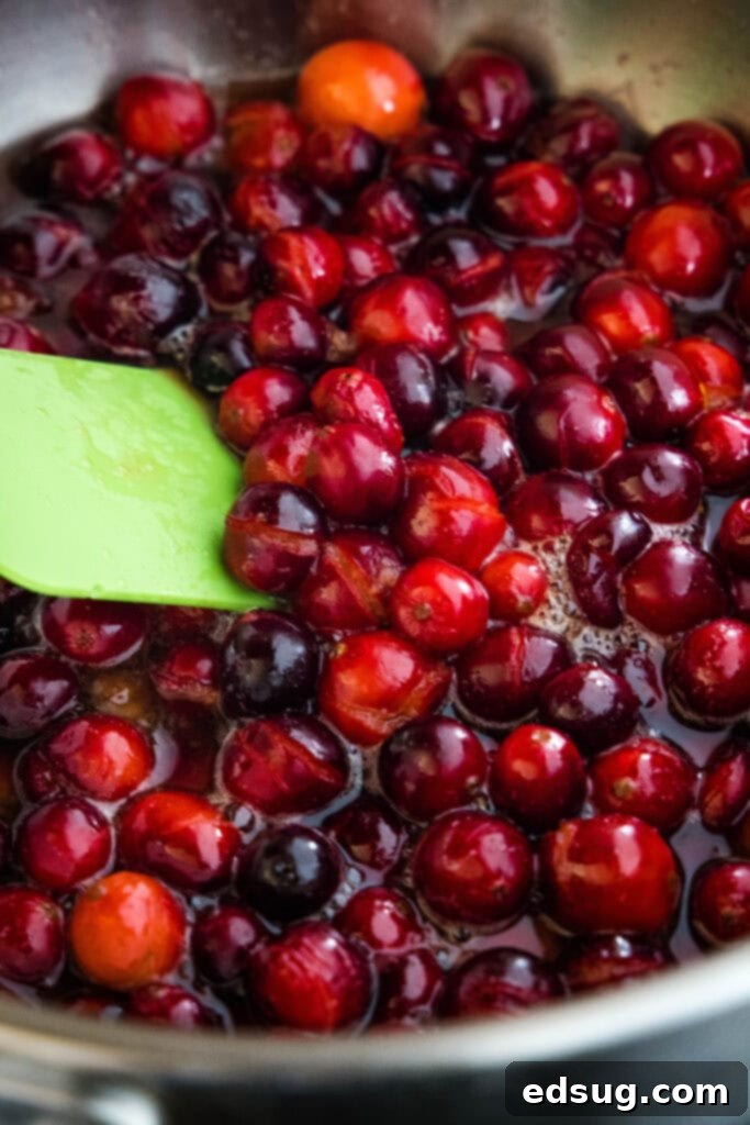 Quick Cranberry Compote 4 cranberries in a saucepan starting to burst