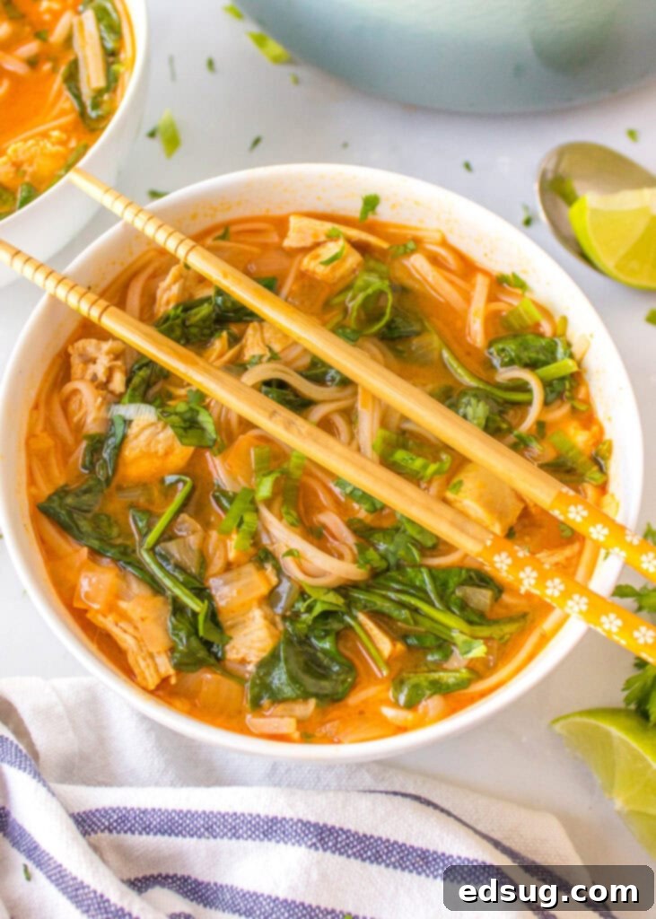 Fragrant Thai Red Curry Soup 2 Looking down on a bowl of chicken curry soup, garnished with fresh herbs.