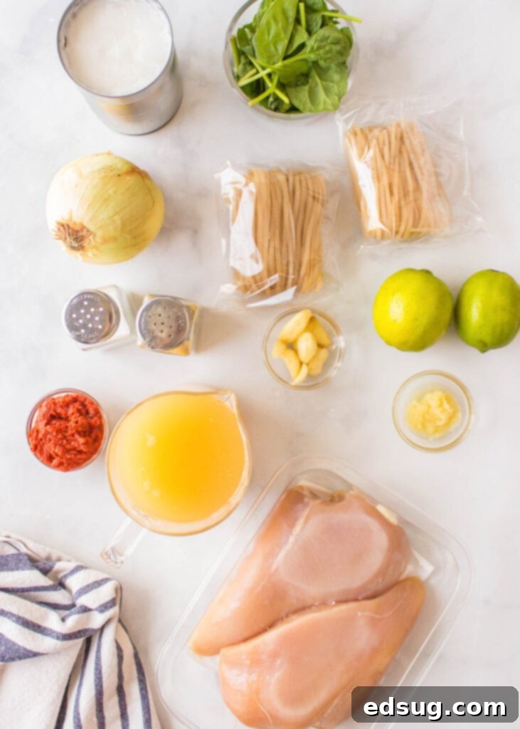 Fragrant Thai Red Curry Soup 3 A selection of fresh ingredients laid out for Thai Red Curry Soup preparation.
