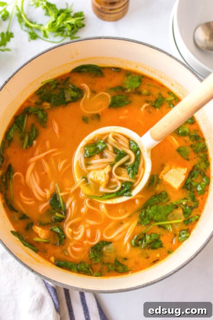 Fragrant Thai Red Curry Soup 5 Thai Red Curry Soup being scooped out of a large pot into a serving bowl.