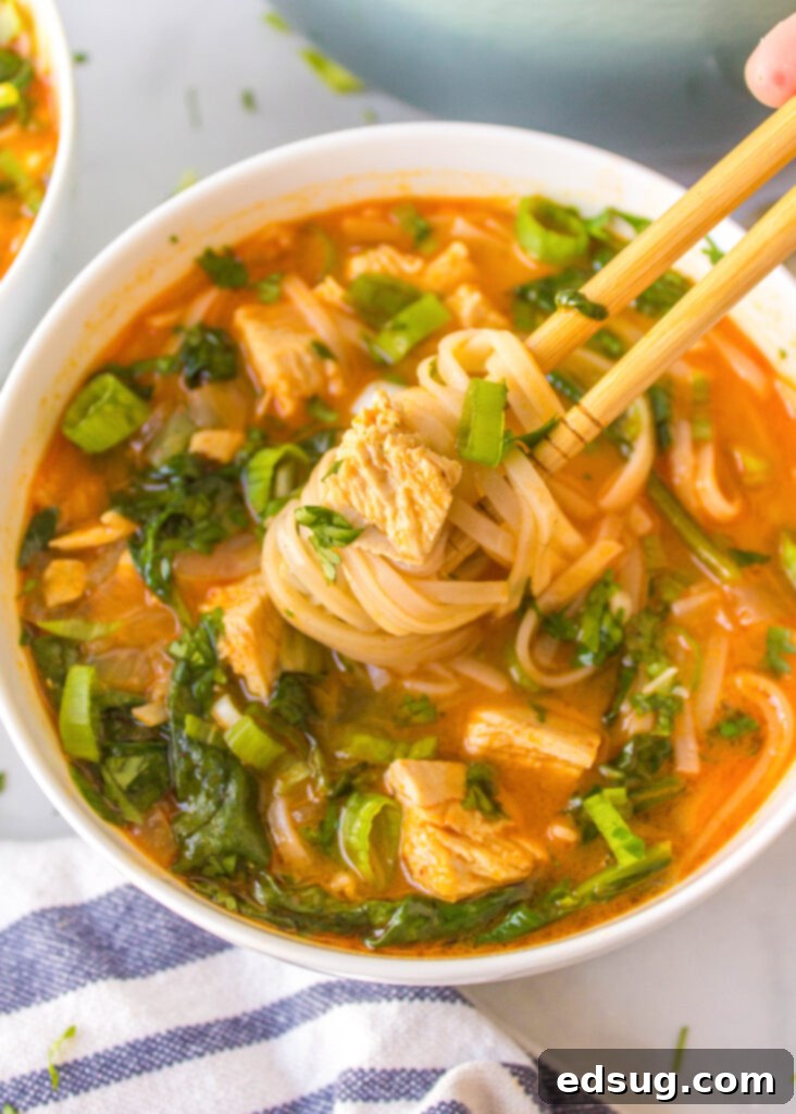 Fragrant Thai Red Curry Soup 7 Chopsticks lifting noodles out of a bowl of Thai Red Curry Soup.