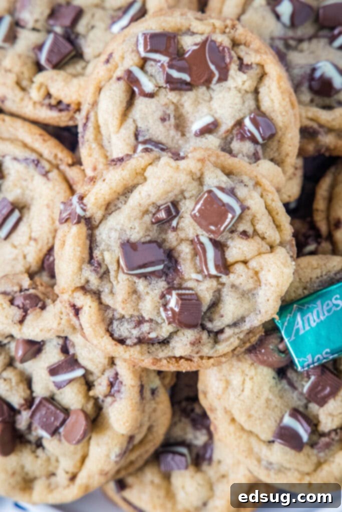 A tray filled with freshly baked, soft, thick, and chewy mint chocolate chip cookies, garnished with extra Andes mints.