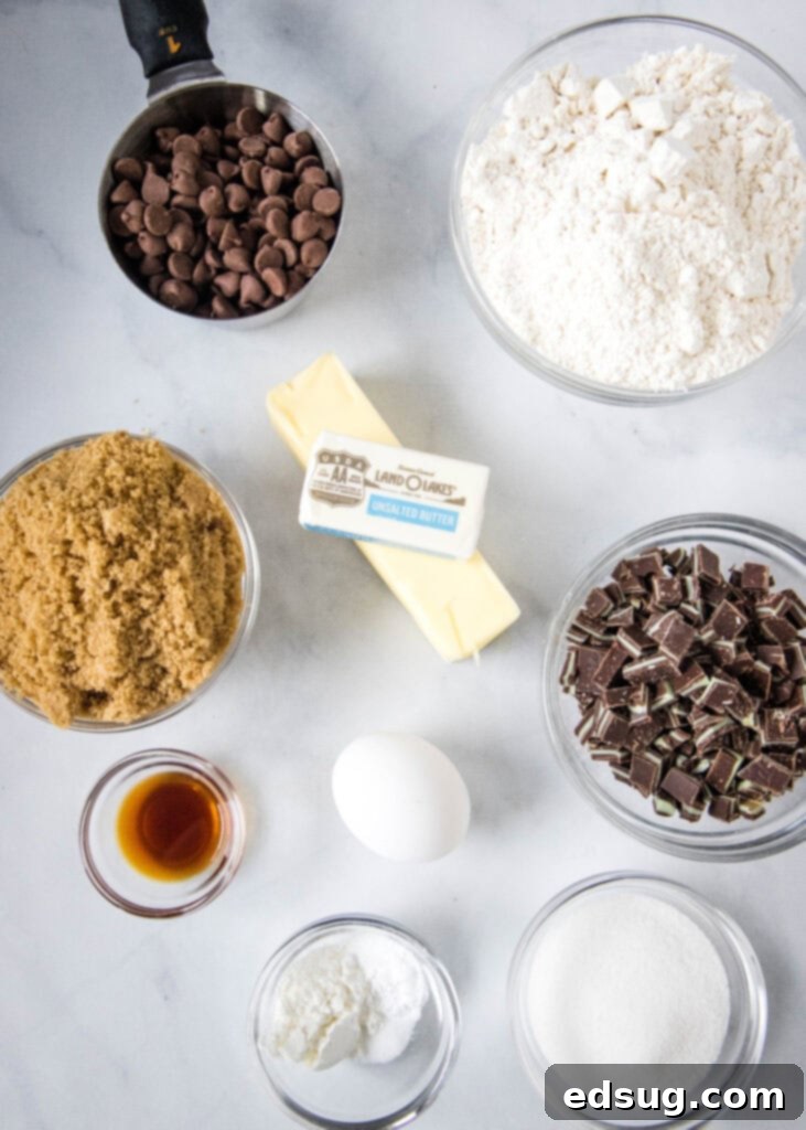 All the essential ingredients for making mint chocolate chip cookies laid out on a surface.