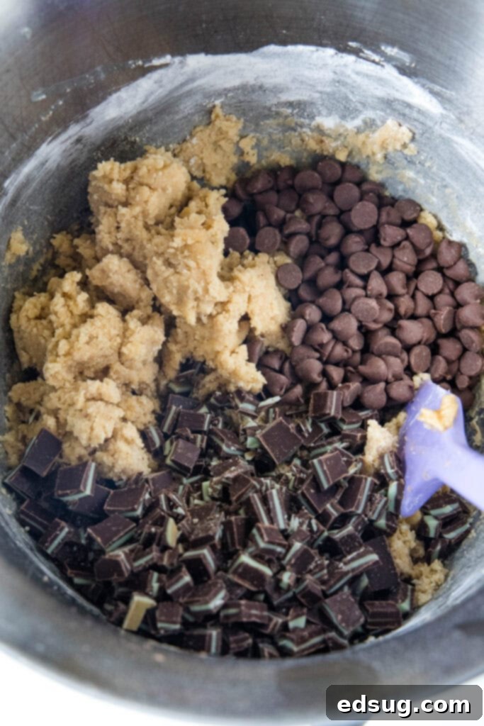 Adding chopped Andes mints and milk chocolate chips to the prepared cookie dough in a mixing bowl.