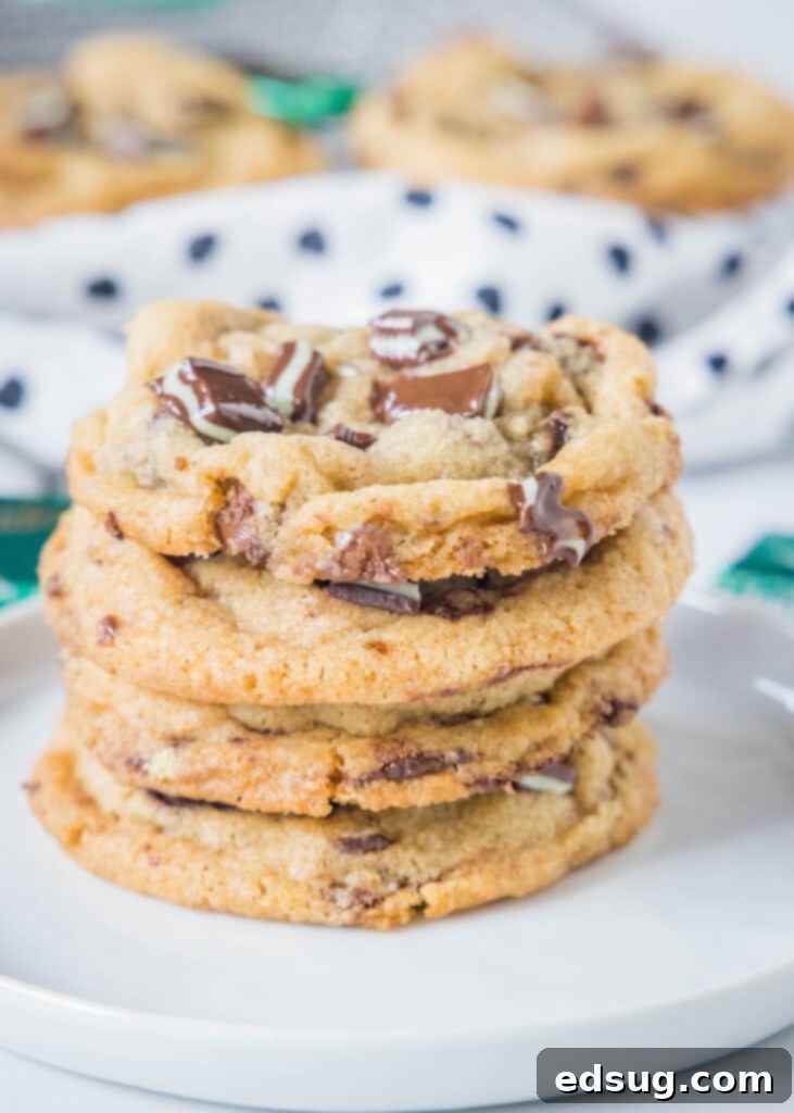 A stack of delicious mint chocolate chip cookies presented on a white plate.