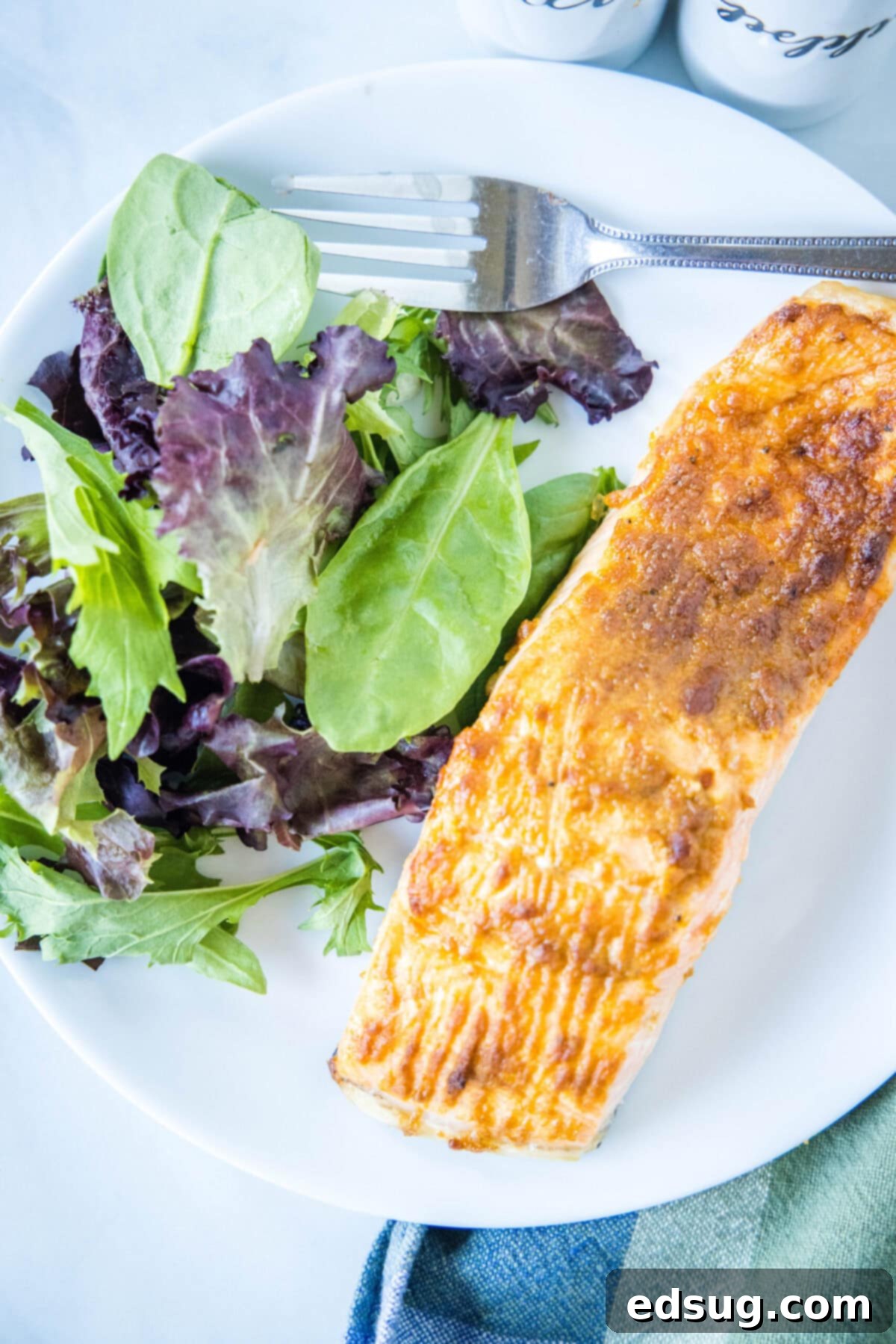 Overhead view of a plate with a salmon fillet, a green salad, and a fork.