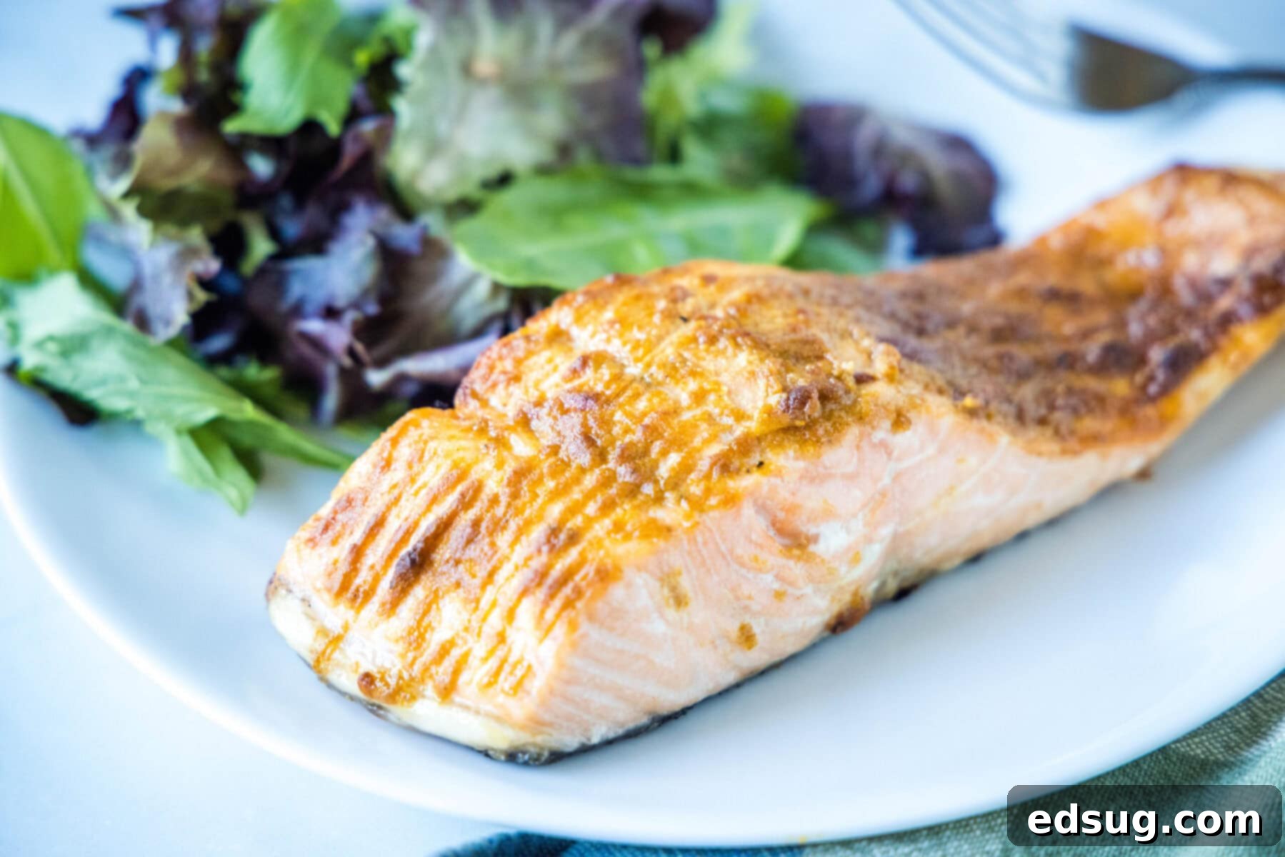 A salmon fillet on a plate with a salad.