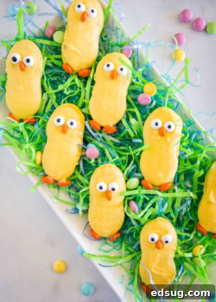 Peanut Butter Chick Delights 6 looking down on a tray of nutter butter chicks sitting on easter grass