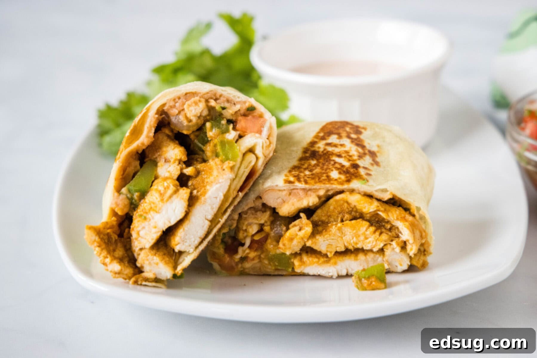 Easy chicken fajita wraps have juicy meat, tender veggies, spicy and smoky seasonings, rich beans, shredded cheese, and fresh salsa. A plate with two halves of a chicken fajita wrap, with a bowl of sauce and lettuce in the background.