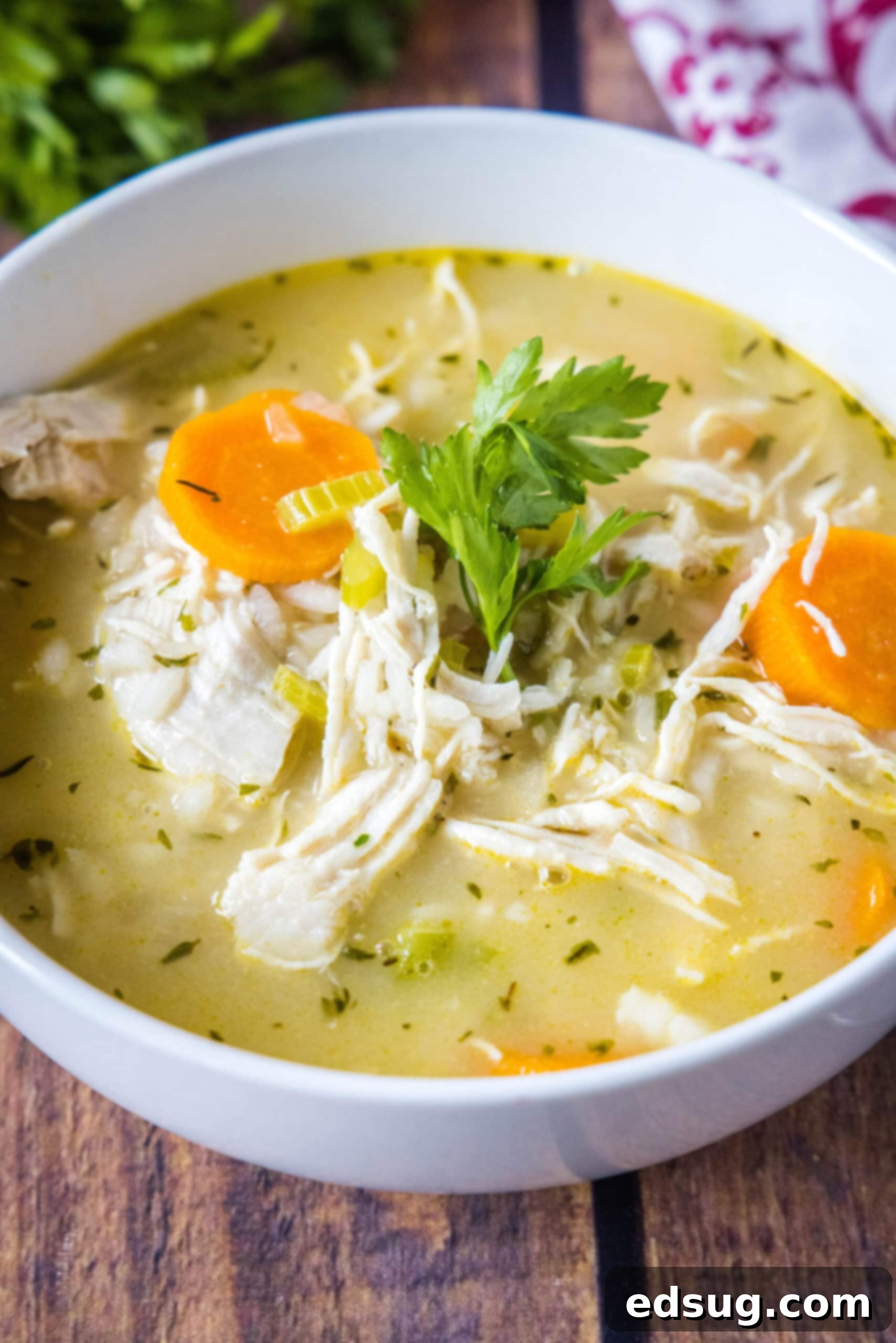 An inviting bowl of chicken rice soup, garnished with a sprinkle of fresh parsley, resting on a warm wooden table.
