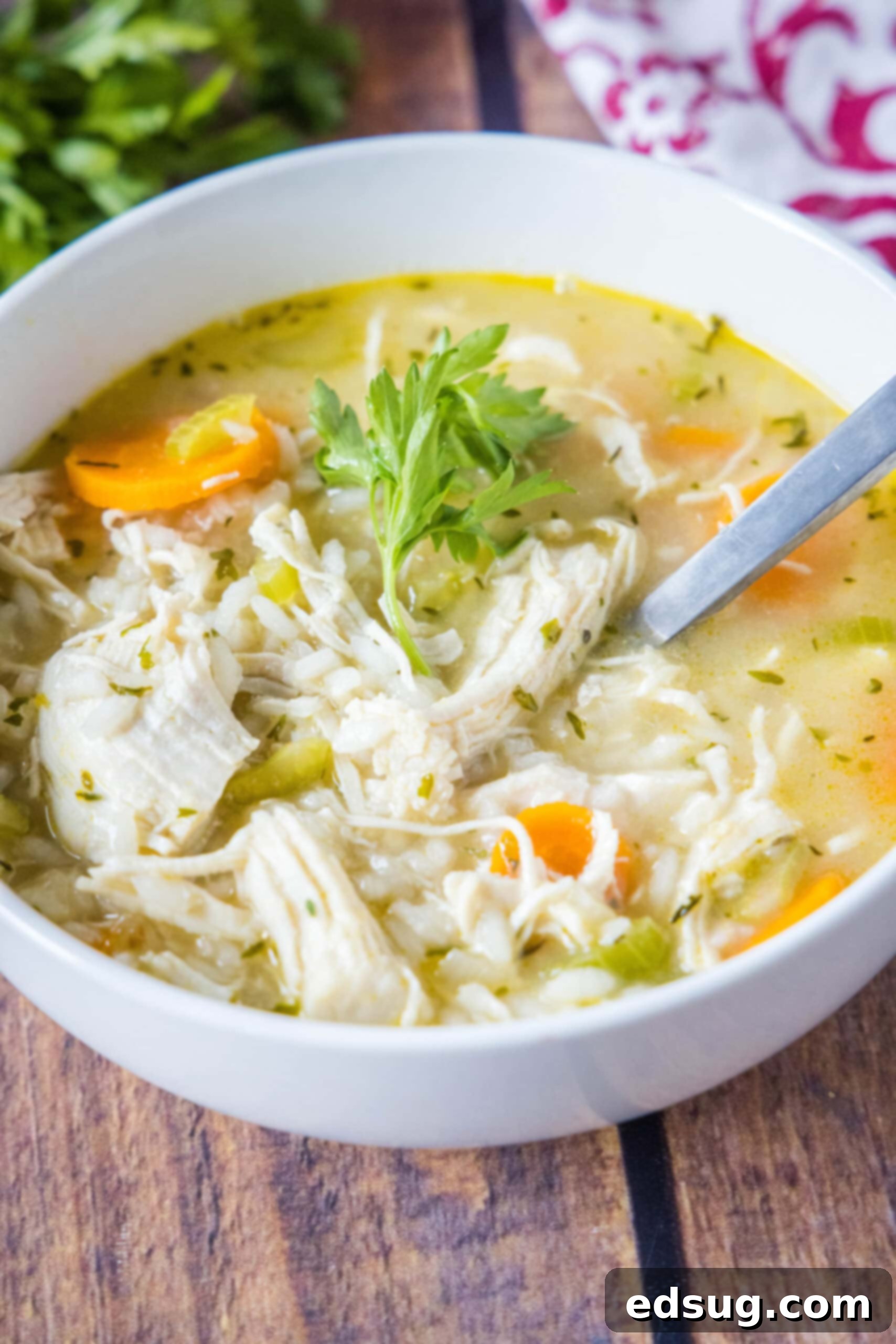 Comforting Chicken Rice Soup: Ready to Enjoy. A delicious bowl of chicken rice soup, expertly garnished with fresh green parsley, presented on a rustic wooden surface.
