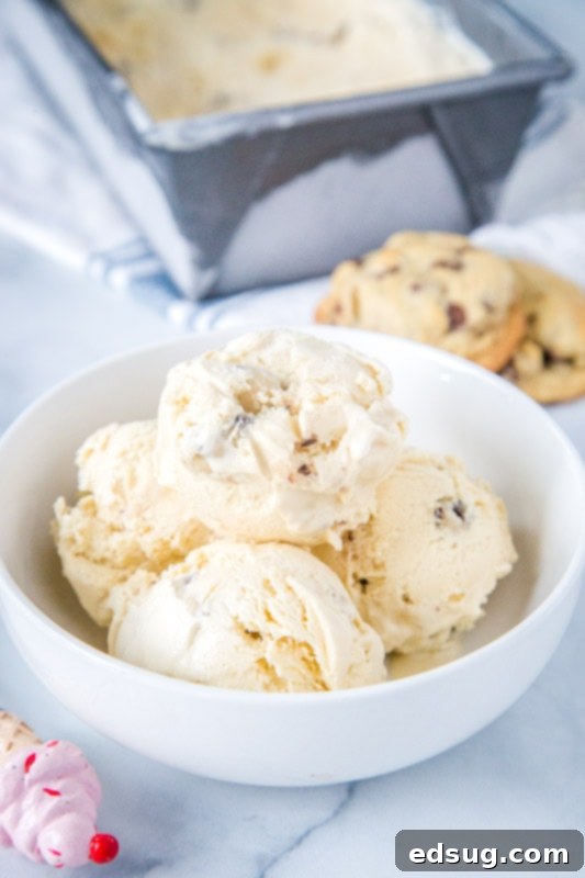 A pristine white bowl brimming with scoops of homemade cookie dough ice cream, showcasing its rich texture.