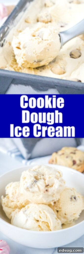 Close-up of homemade Cookie Dough Ice Cream, showing its creamy texture with visible chunks of cookie dough.