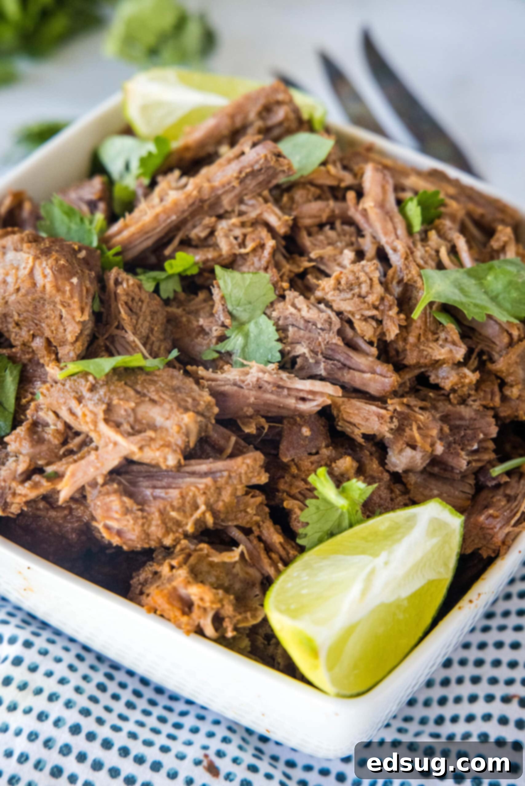 Smoky, juicy Mexican shredded beef is easy to make in the Instant Pot or Crock Pot! Perfect in tacos, enchiladas, or served over rice. Mexican shredded beef in a square bowl garnished with cilantro and a lime wedge.