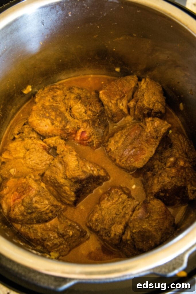 Smoky, juicy Mexican shredded beef is easy to make in the Instant Pot or Crock Pot! Perfect in tacos, enchiladas, or served over rice. Mexican beef ingredients combined inside the instant pot.